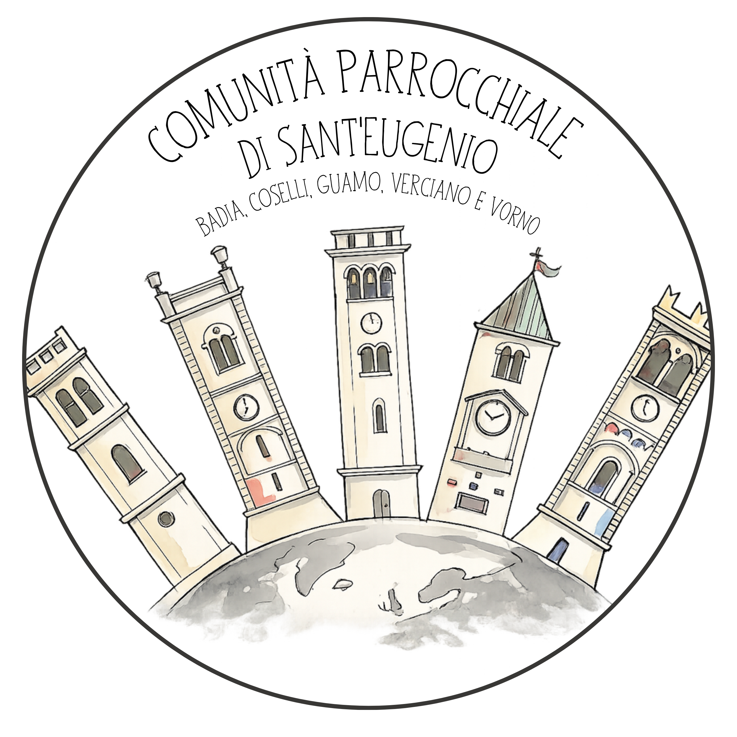 Logo circolare della Comunità Parrocchiale di Sant’Eugenio, comprendente Badia, Coselli, Guamo, Verciano e Vorno. Al centro sono raffigurati cinque campanili stilizzati, inclinati in diverse direzioni, che emergono da un globo terrestre in tonalità di grigio. Il disegno, realizzato a mano con contorni neri e colori delicati, è racchiuso da un bordo circolare nero.